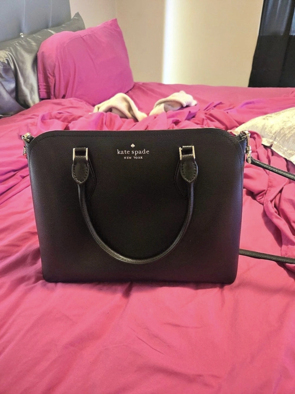 Kate Spade Structured Black Shoulder Bag with Pink Wallet